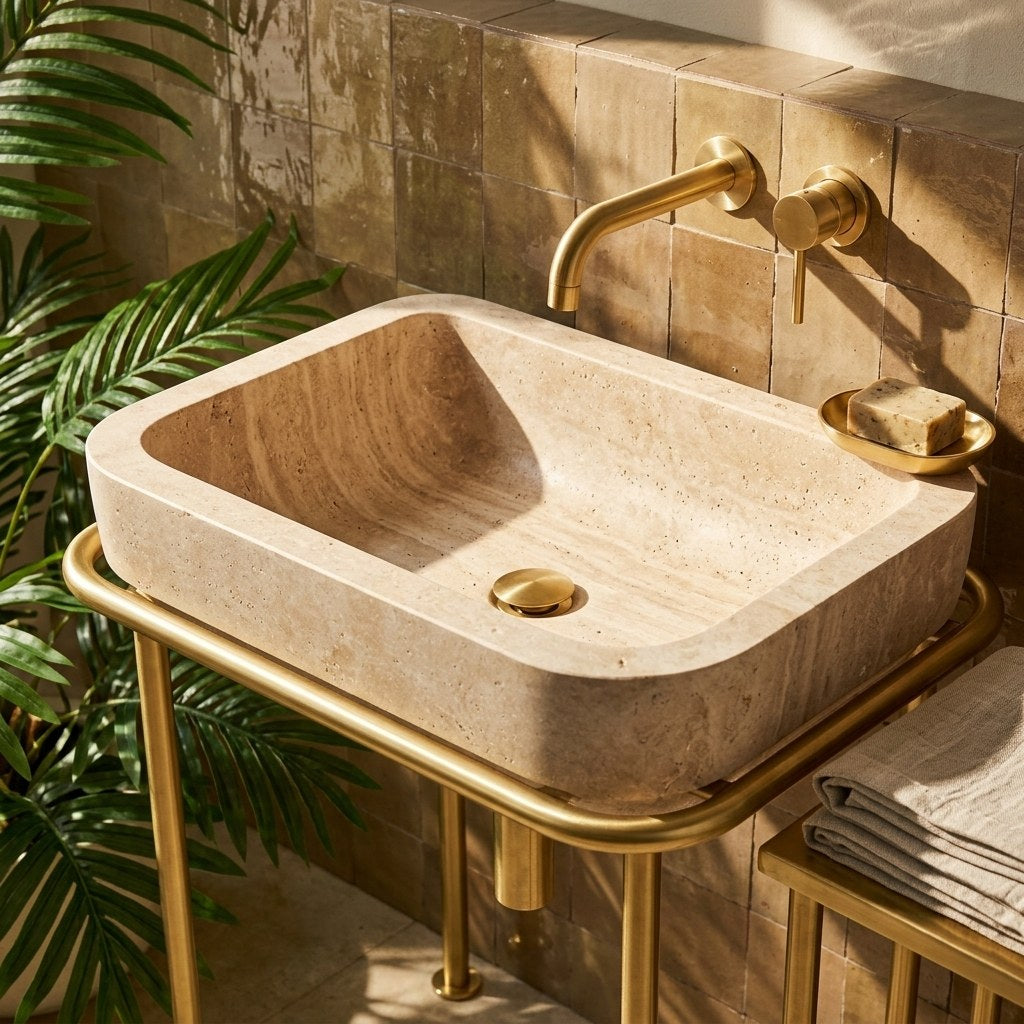 Polished Travertine Sink with Brass Stand — premium — view 2
