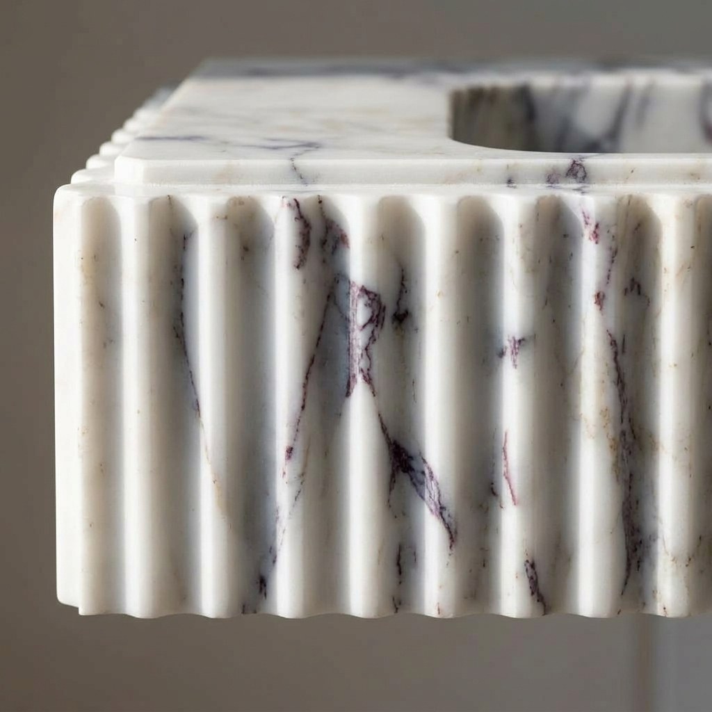 Calacatta Viola Fluted Marble Sink with Brass Stand — marble detail — view 2