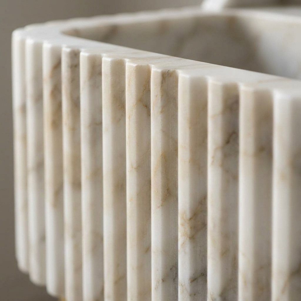 Calacatta Gold Fluted Marble Sink with Brass Stand — marble detail — view 3