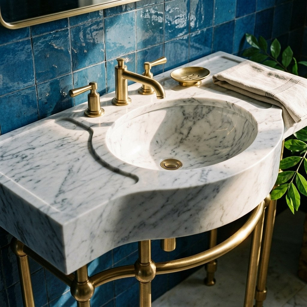 Carrara Marble Console Sink with Brass Stand — premium — view 2