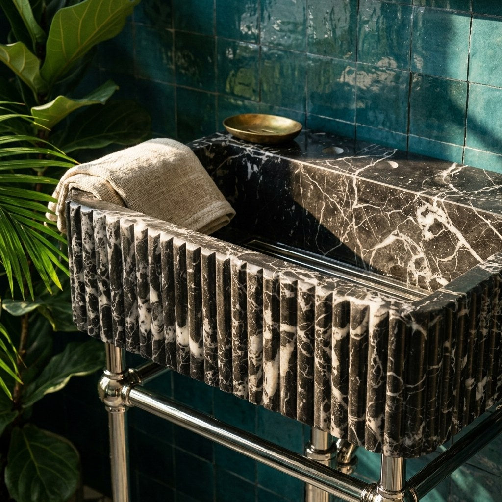 Pietra Notte Fluted Marble Sink with Metal Stand — premium — view 2