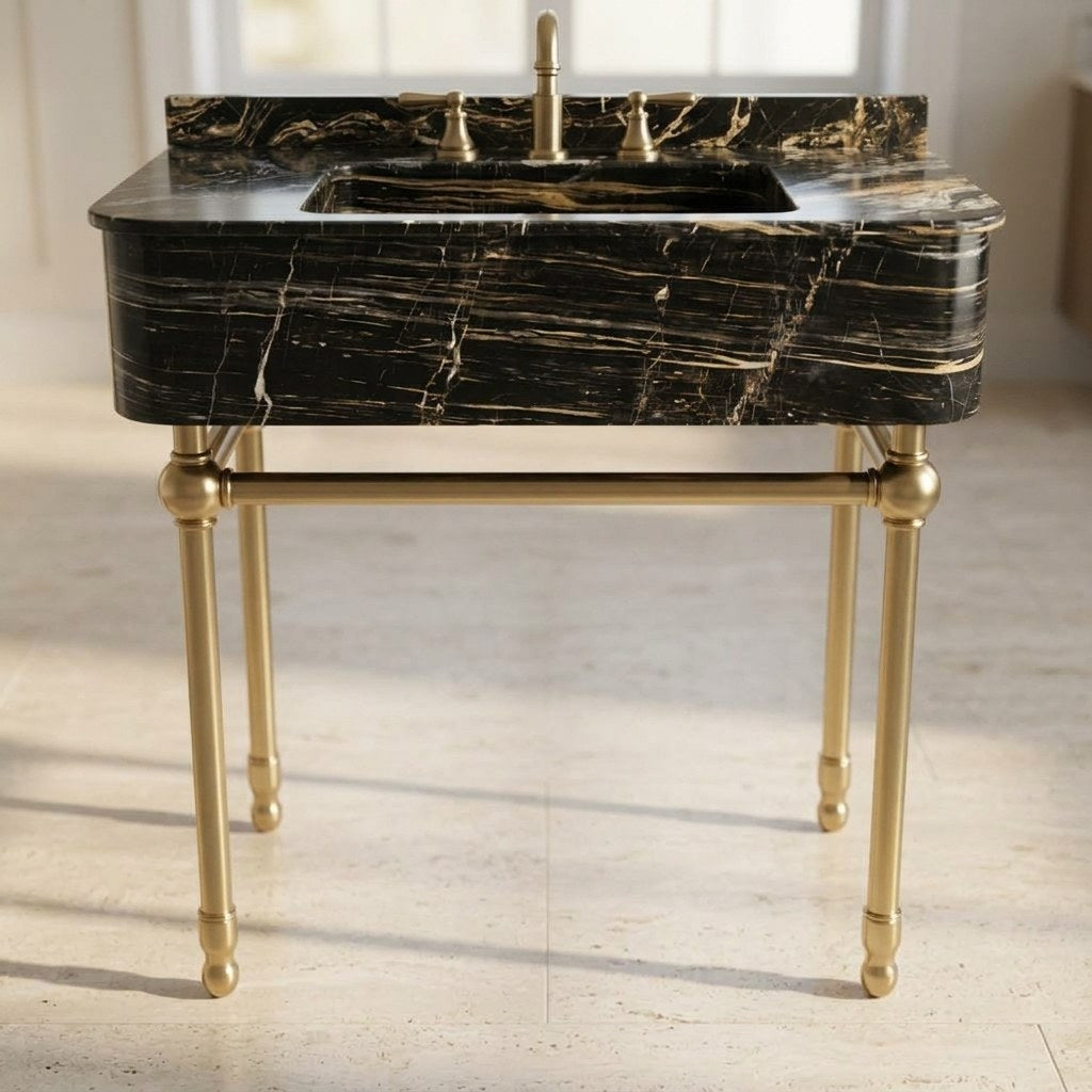 Picasso Marble Console Sink with Brass Stand and Backsplash — detail — view 4