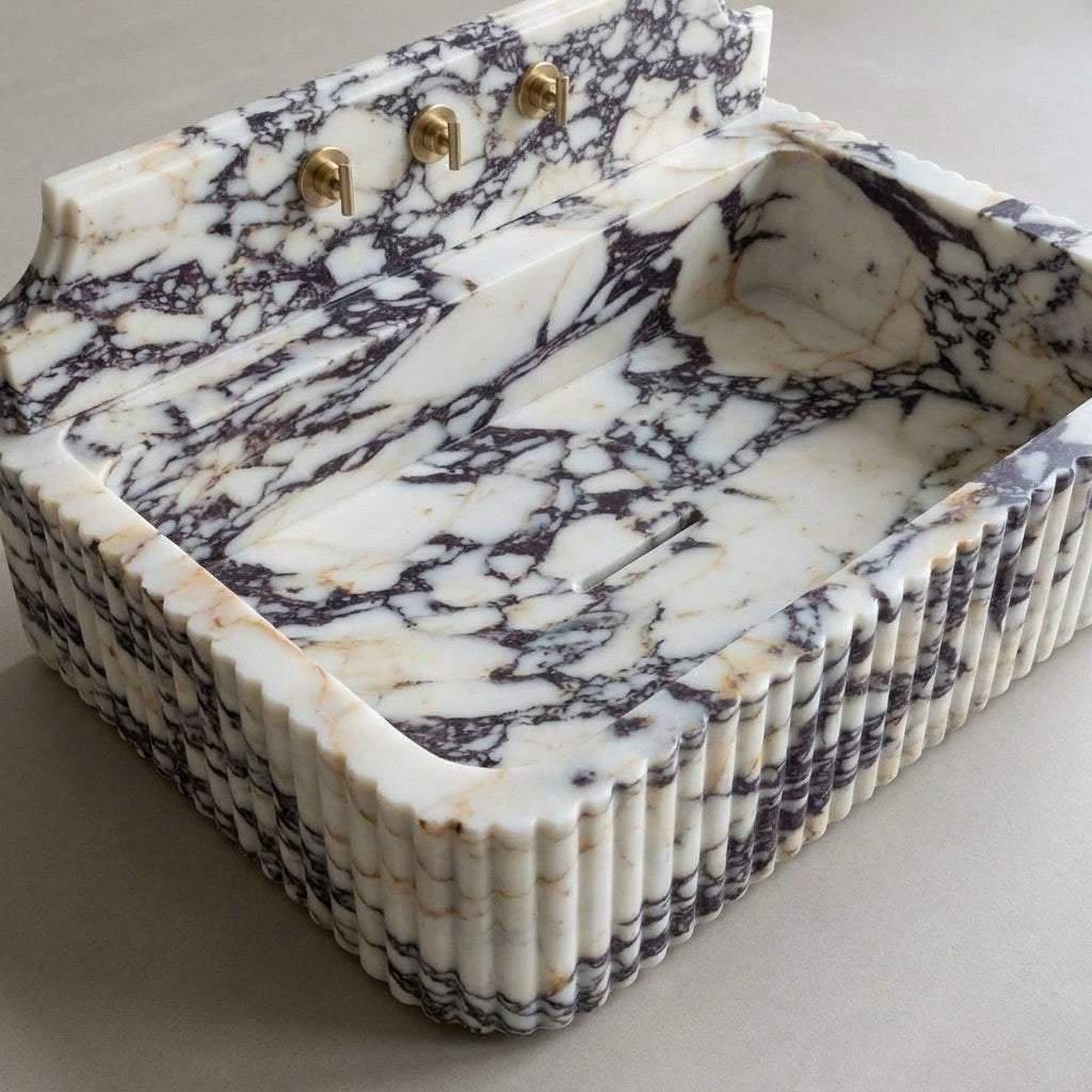 Calacatta Viola Fluted Marble Sink with Backsplash — detail — view 4