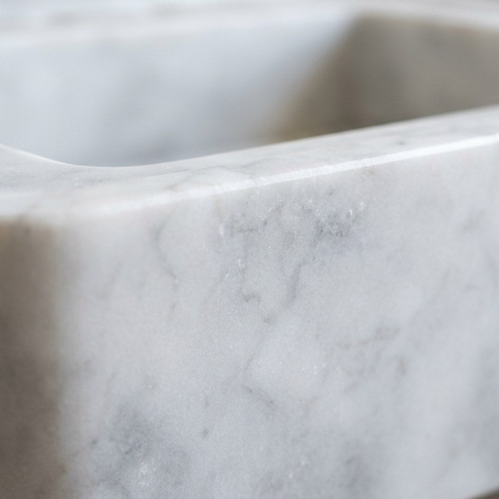 Carrara Polished Marble Console Sink with Brass Stand — marble detail — view 3