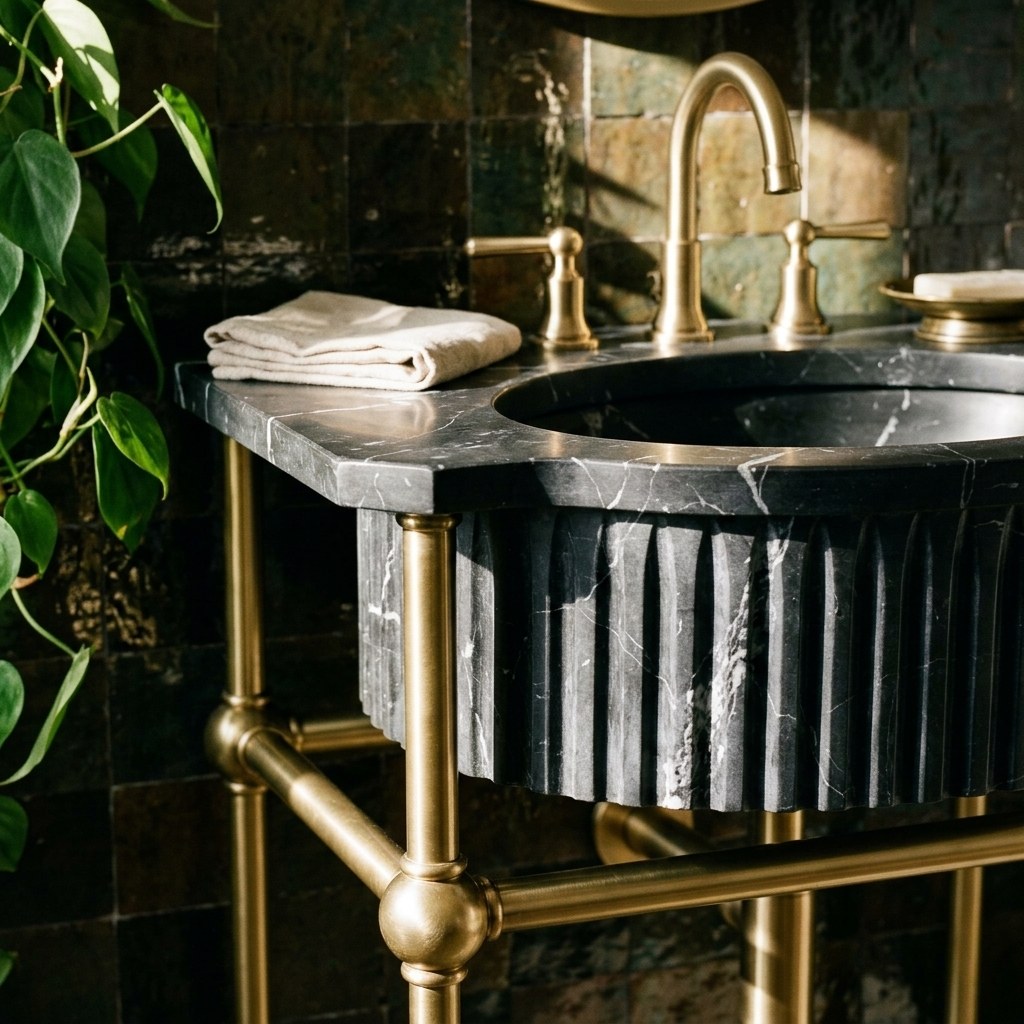 Nero Marquina Fluted Marble Sink with Brass Stand — premium — view 2