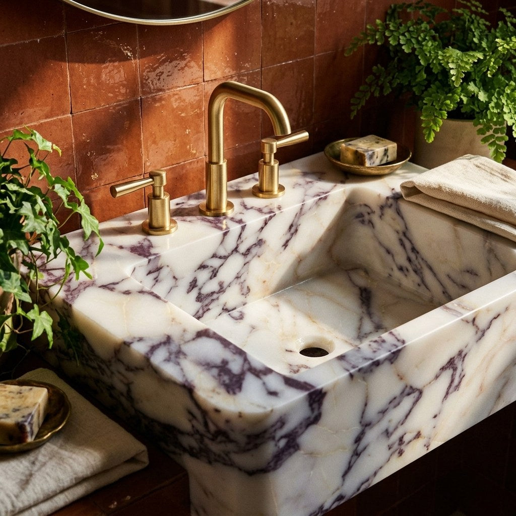 Calacatta Viola Polished Marble Sink with 3 Faucet Holes — premium — view 2