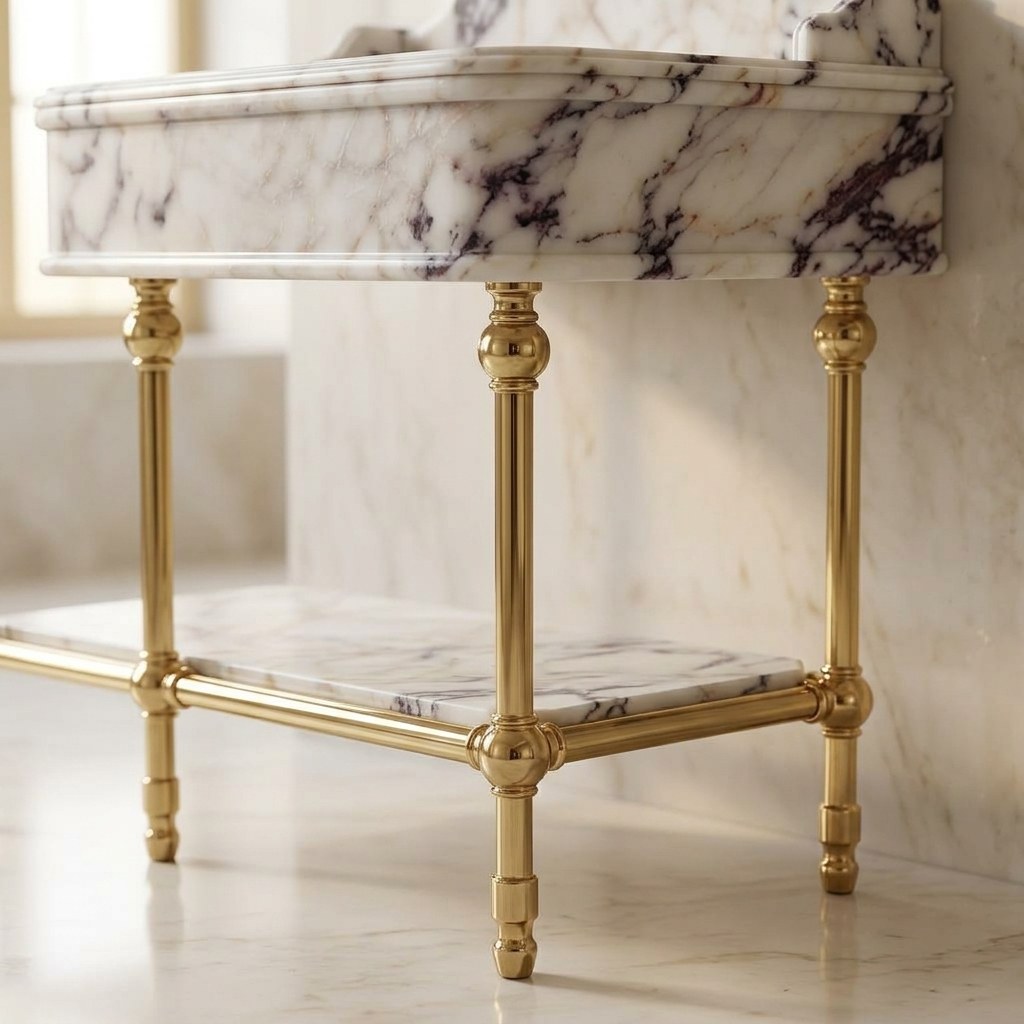 Calacatta Viola Marble Console Sink with Brass Stand and Backsplash — detail — view 4