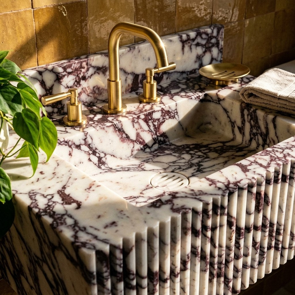 Calacatta Viola Fluted Marble Sink with Backsplash — premium — view 2