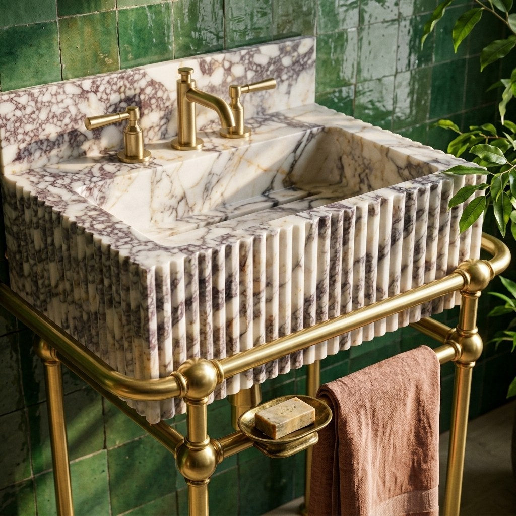 Calacatta Viola Fluted Marble Sink with Brass Stand — premium — view 2