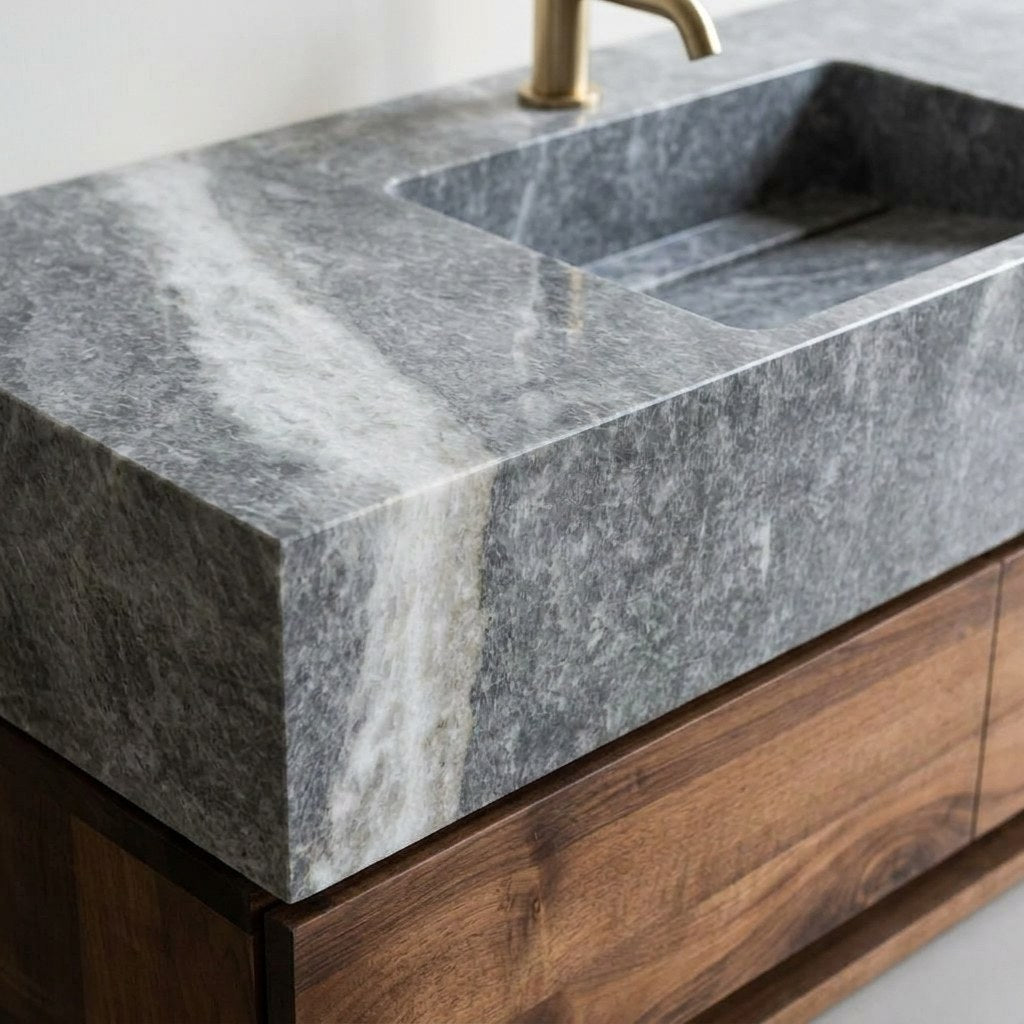 Grey Marble Vanity Sink with Honed Finish — marble detail — view 3