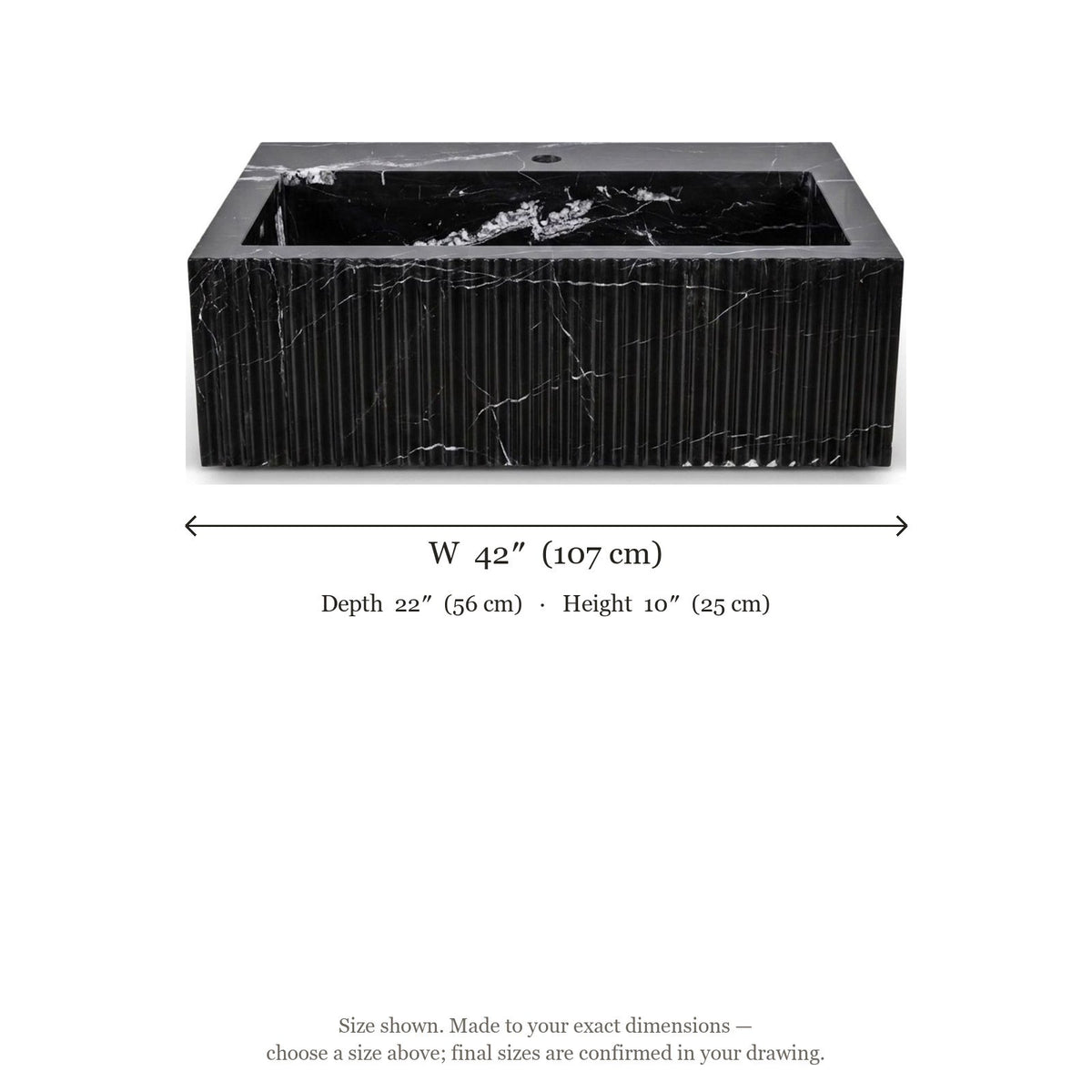 Nero Marquina Fluted Polished Marble Sink — dimensions — view 4