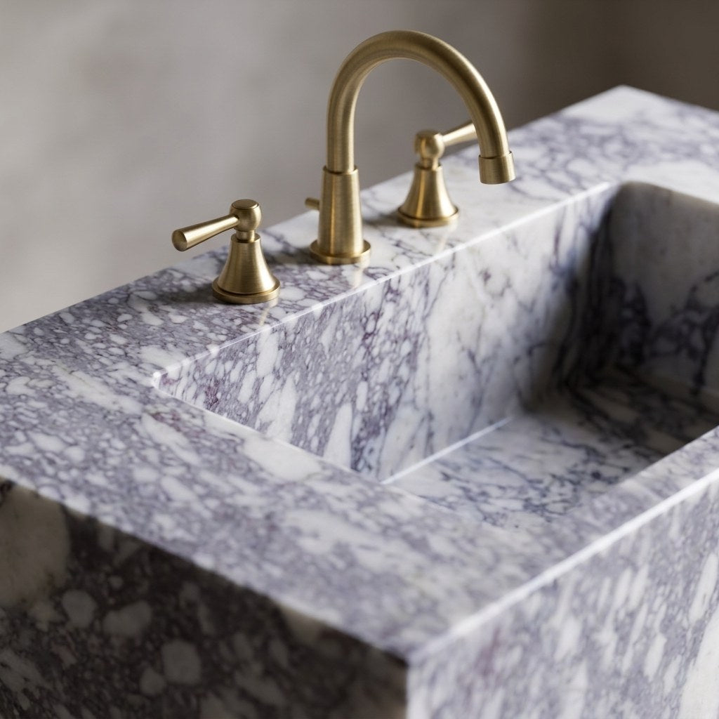 Calacatta Viola Rectangular Honed Marble Sink with 3 Faucet Holes — marble detail — view 3