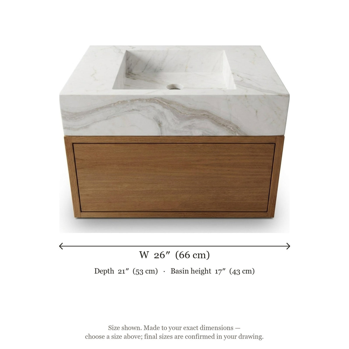 Carrara Polished Marble Vanity with Wood Cabinet — dimensions — view 5
