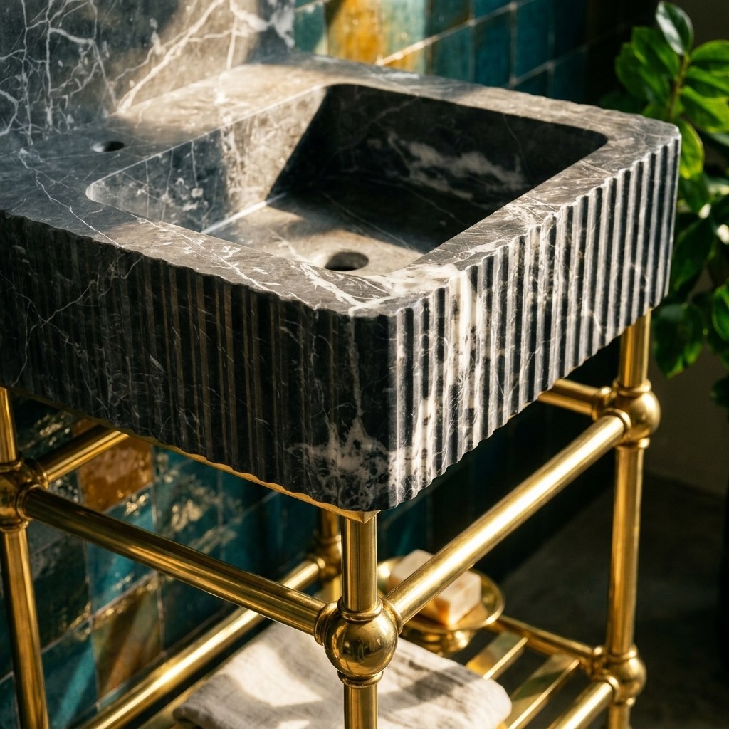 Pietra Notte Fluted Marble Sink with Brass Stand — premium — view 2