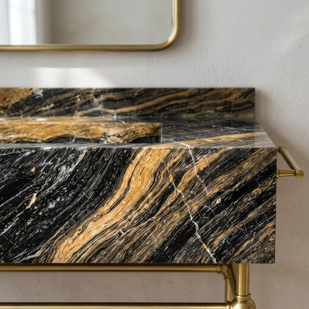 Picasso Marble Sink with Brass Stand and Backsplash — marble detail — view 3