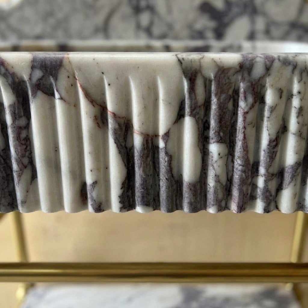 Calacatta Viola Fluted Marble Sink with Brass Stand — marble detail — view 3