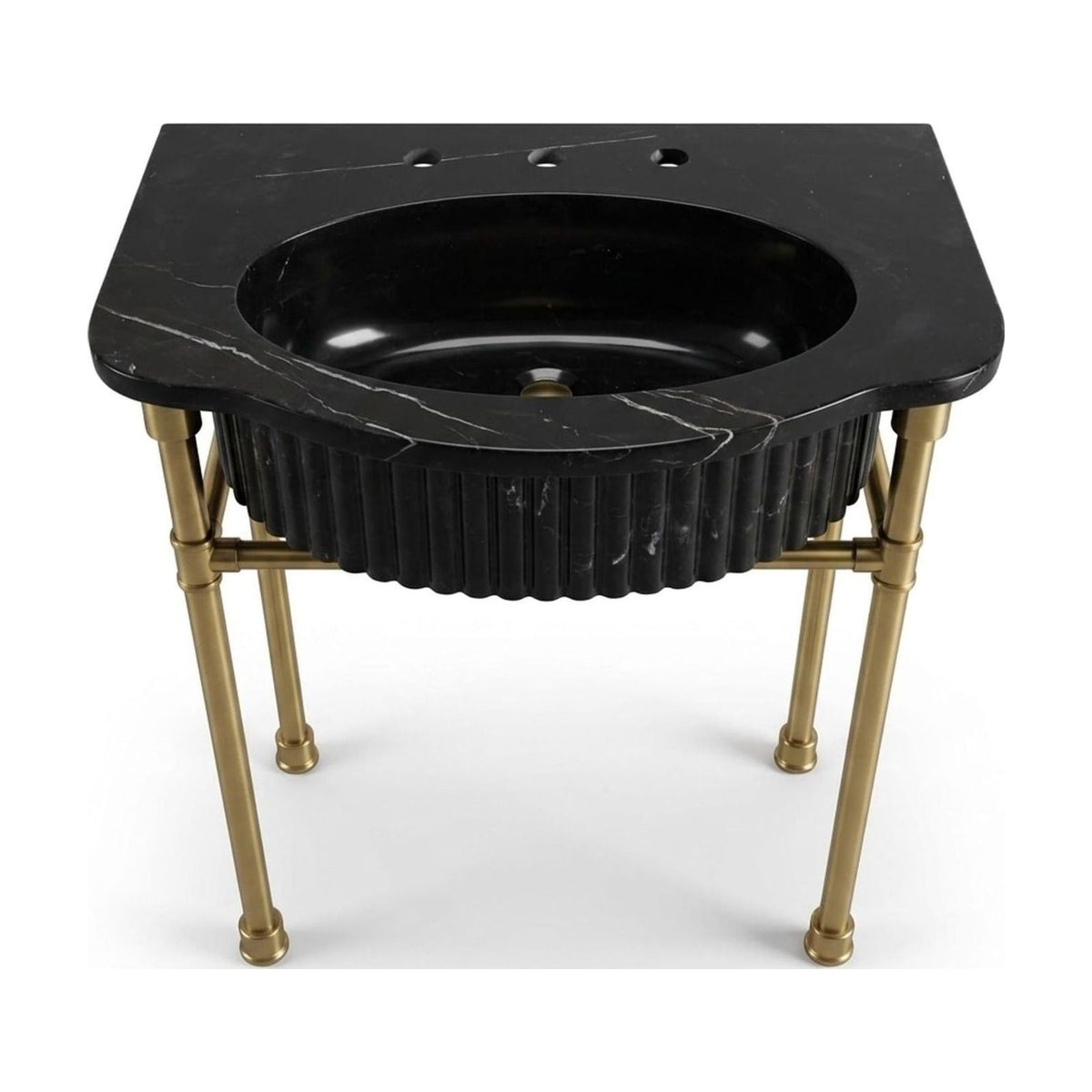 Nero Marquina Fluted Marble Sink with Brass Stand — view 1