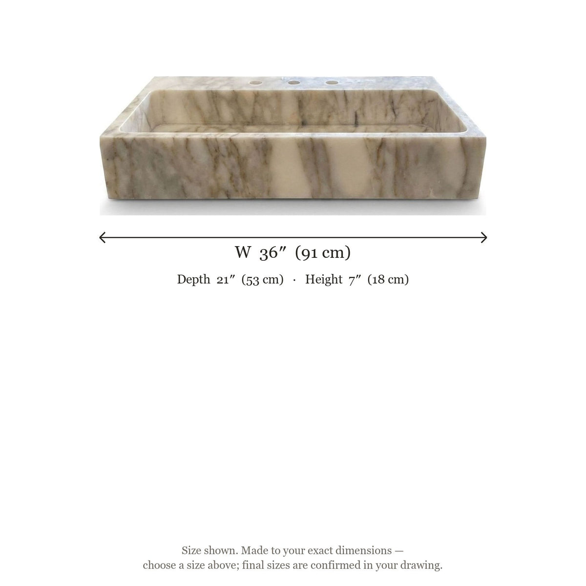 Calacatta Viola Honed Marble Sink with 3 Faucet Holes — dimensions — view 3