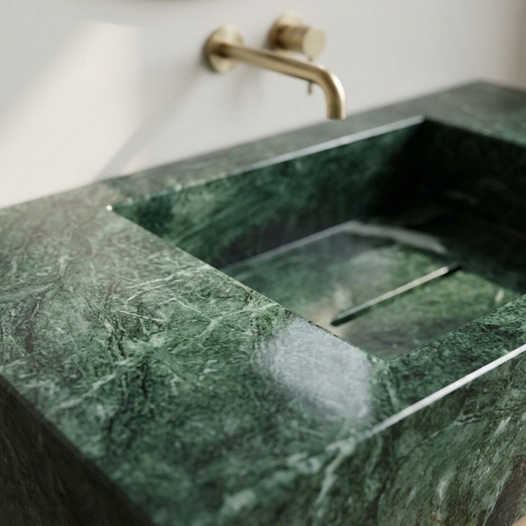 Verde Levanto Polished Rectangular Marble Vessel Sink — marble detail — view 3