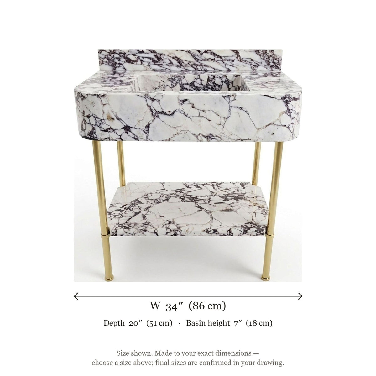 Calacatta Viola Marble Console Sink with Brass Gold Stand — dimensions — view 5