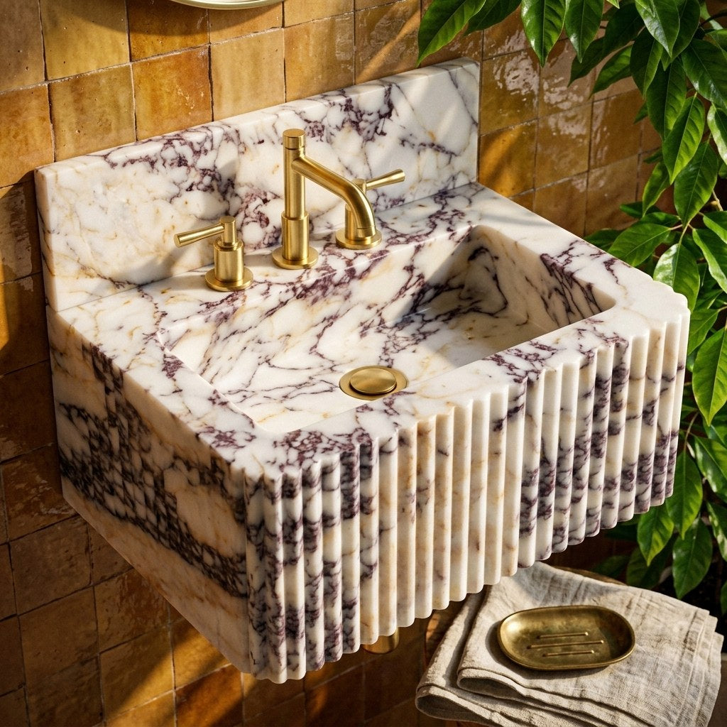Calacatta Viola Fluted Marble Sink with Backsplash — premium — view 2