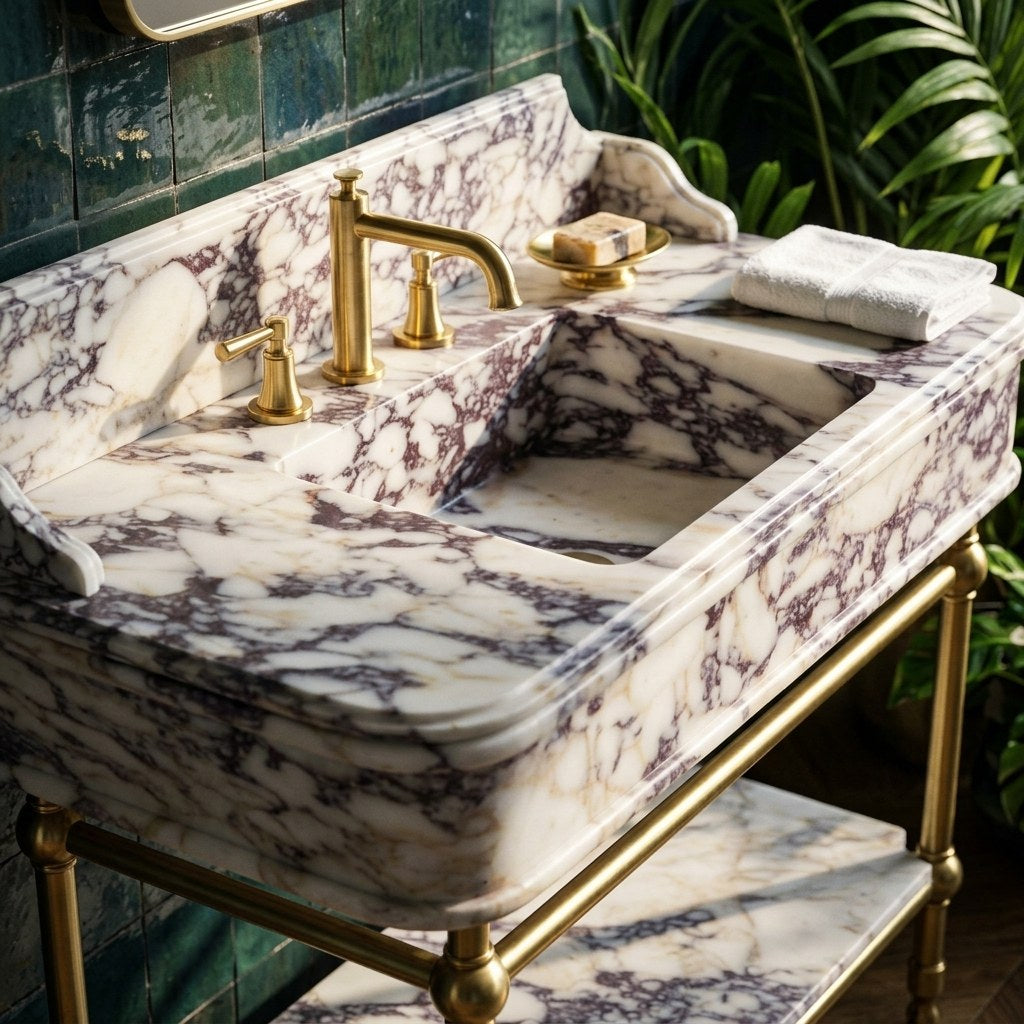 Calacatta Viola Marble Sink with Brass Stand and Backsplash — premium — view 2