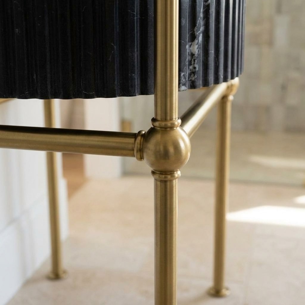 Nero Marquina Fluted Marble Sink with Brass Stand — detail — view 4