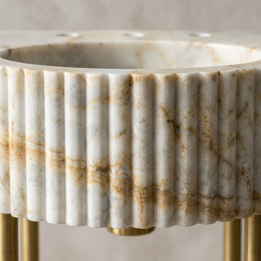 Calacatta Gold Fluted Marble Sink with Brass Stand — marble detail — view 3