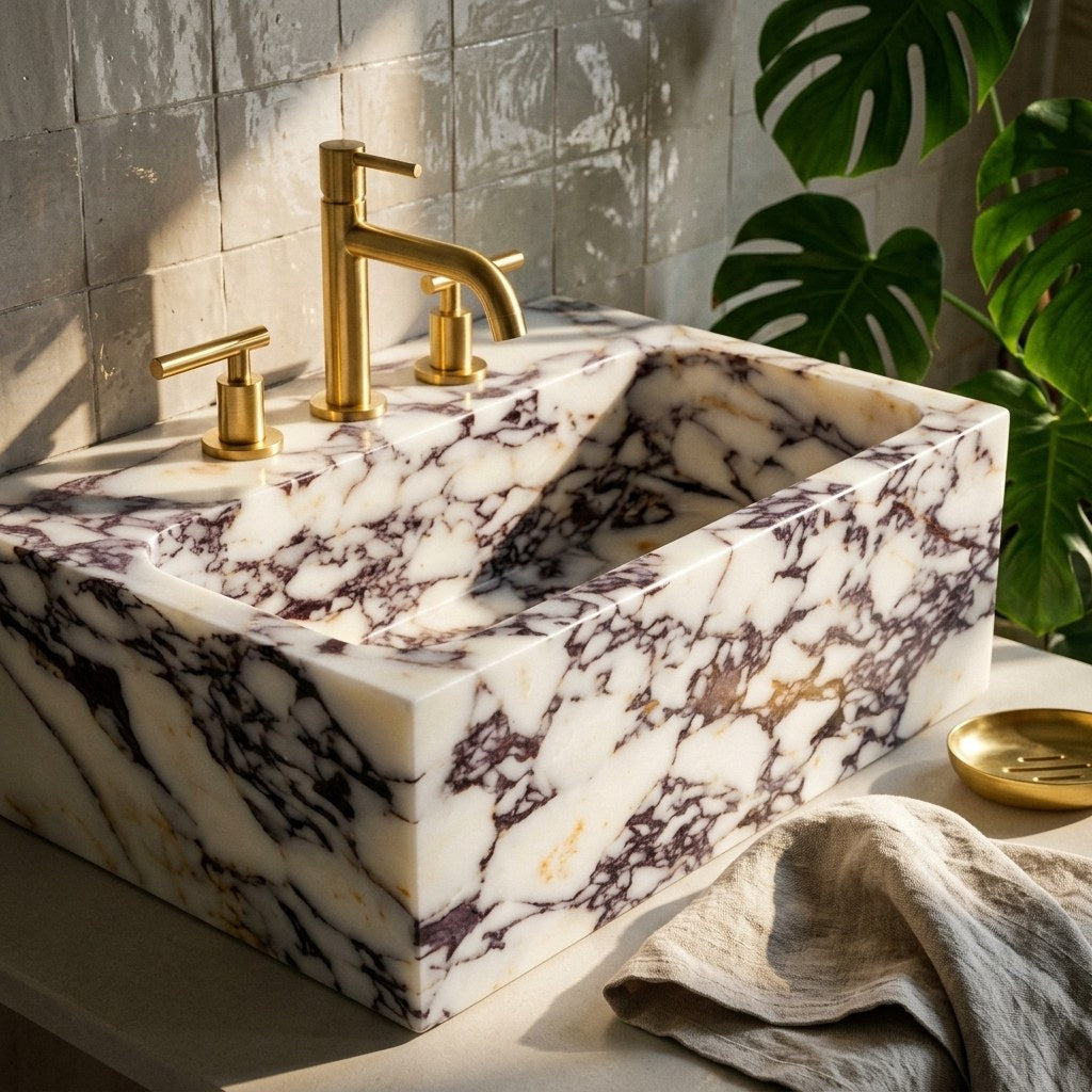 Calacatta Viola Polished Marble Sink with 3 Faucet Holes — premium — view 2