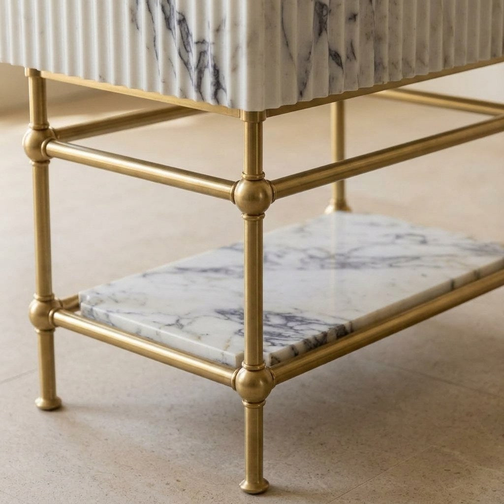 Calacatta Viola Fluted Marble Sink with Brass Stand — detail — view 3