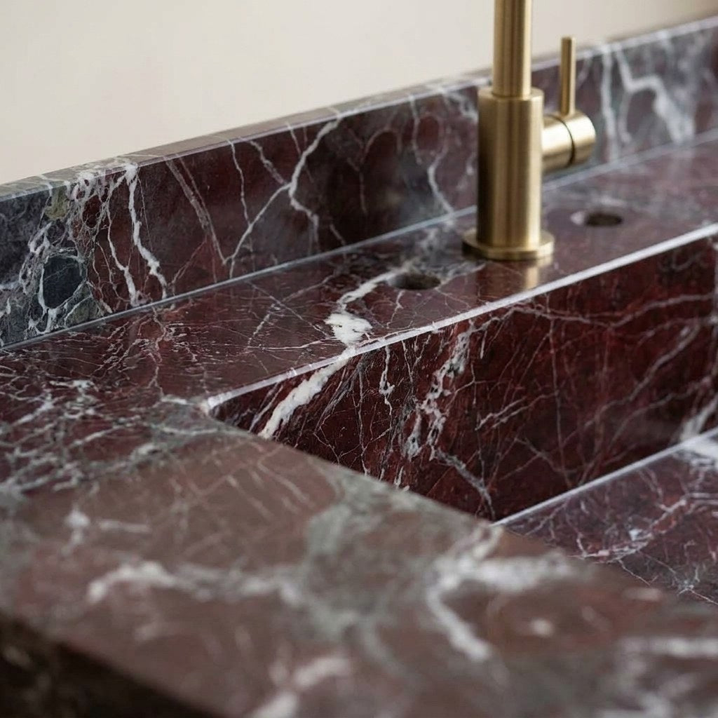 Rosso Levanto Honed Marble Sink with Brass Stand and Backsplash — marble detail — view 3