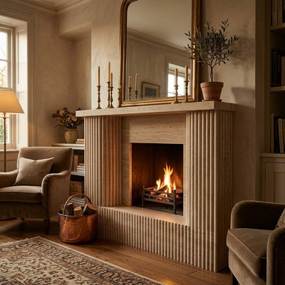 Honed Travertine Fluted Fireplace Mantel — premium