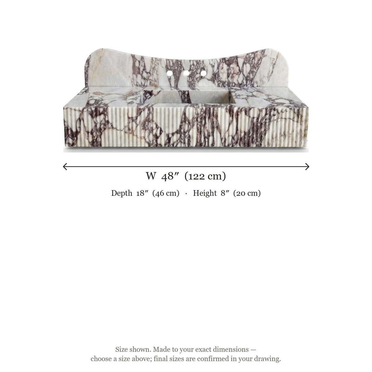 Calacatta Viola Fluted Marble Sink with Backsplash — dimensions — view 4
