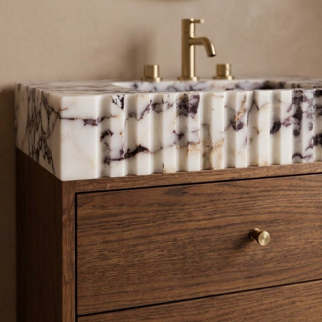 Calacatta Viola Fluted Polished Marble Vanity Top — detail — view 4