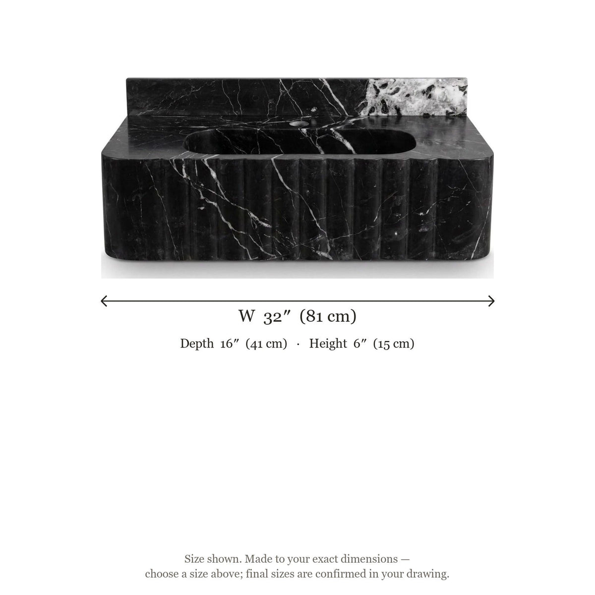 Pietra Notte Fluted Marble Sink with Backsplash — dimensions — view 4