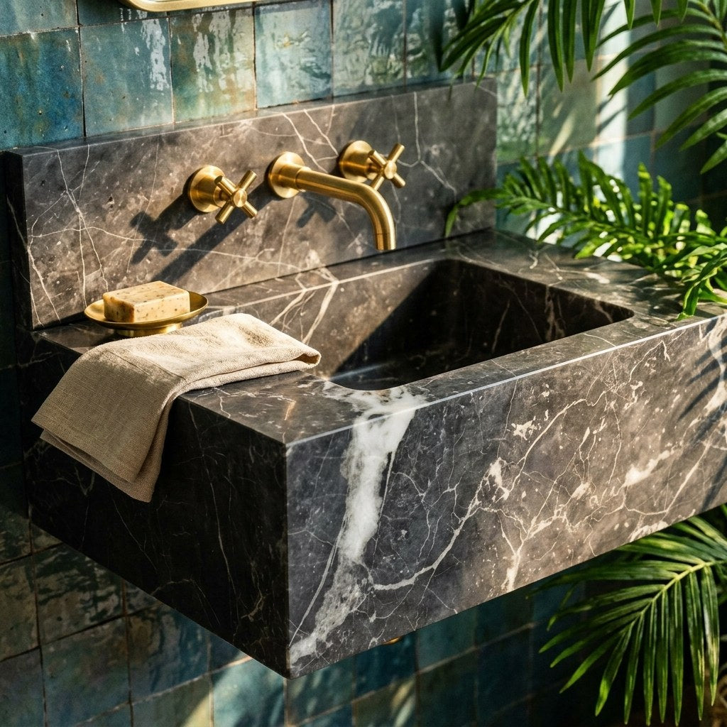 Pietra Notte Honed Marble Sink with Backsplash — premium — view 2