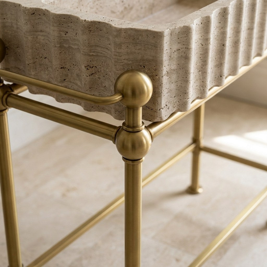 Travertine Fluted Sink with Brass Stand — detail — view 4