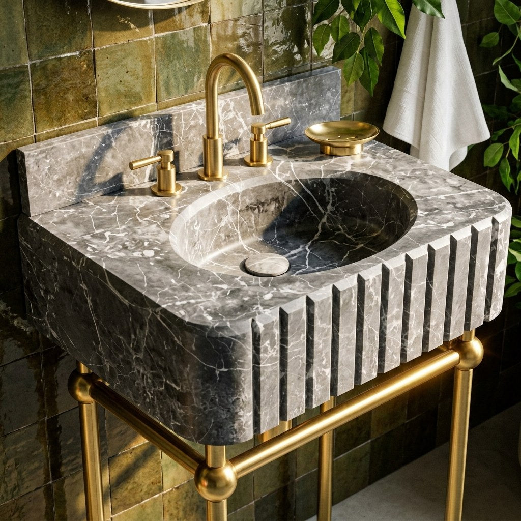 Pietra Notte Fluted Marble Sink with Brass Stand — premium — view 2