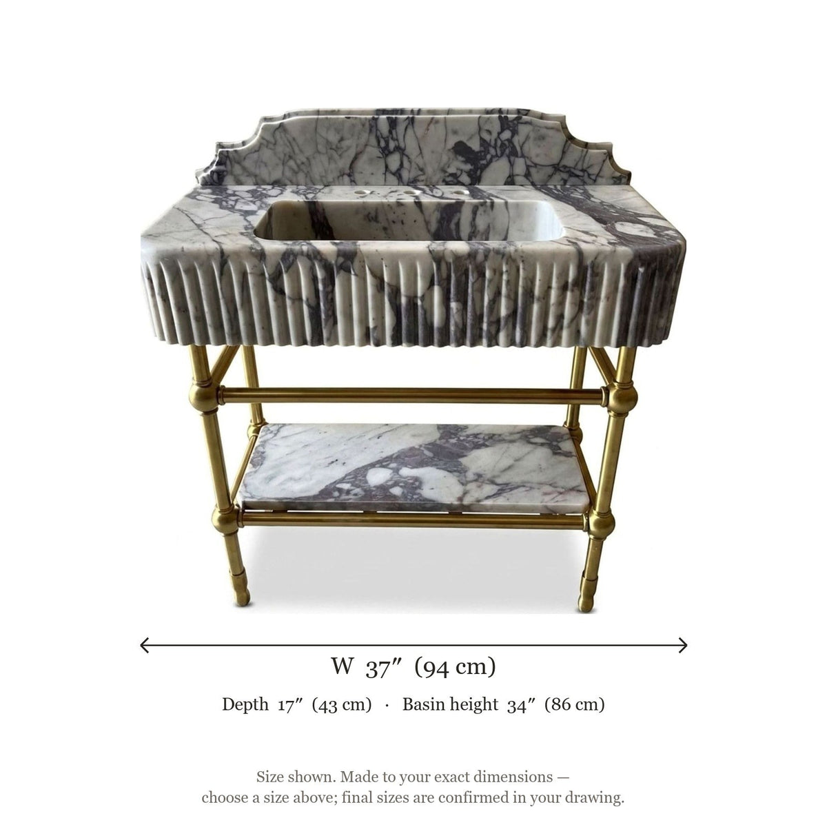 Calacatta Viola Fluted Marble Sink with Brass Stand — dimensions — view 5