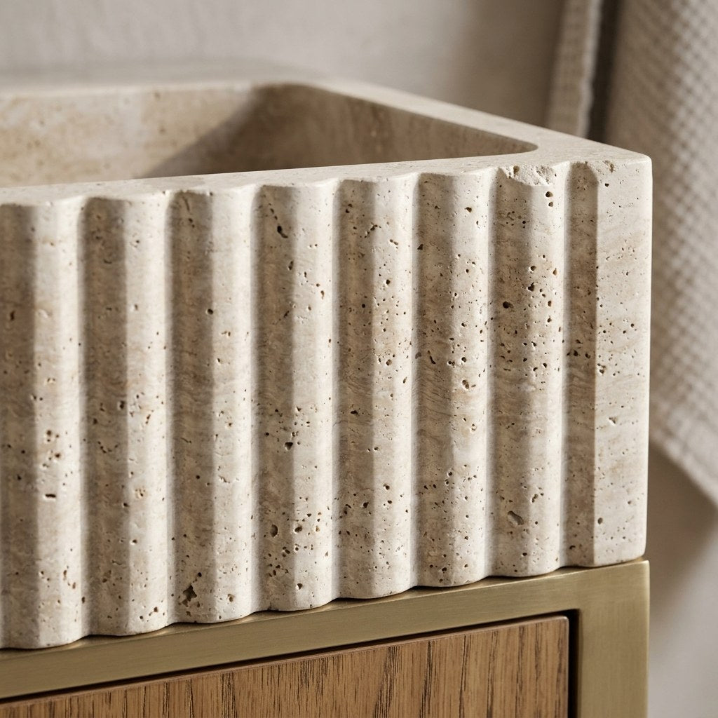 Travertine Fluted Marble Vanity with Brass Stand — marble detail — view 2