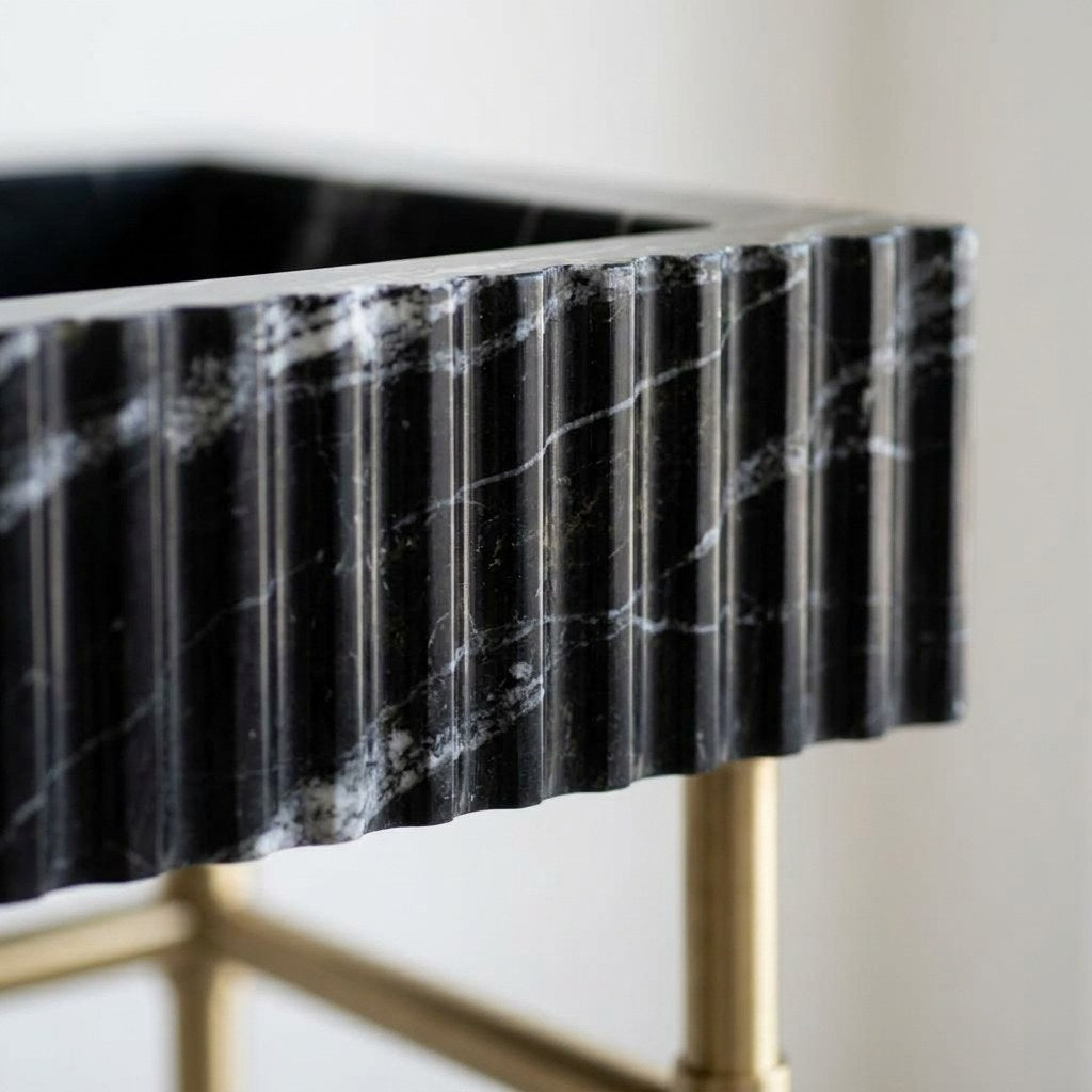 Nero Marquina Fluted Marble Sink with Metal Stand — marble detail — view 3