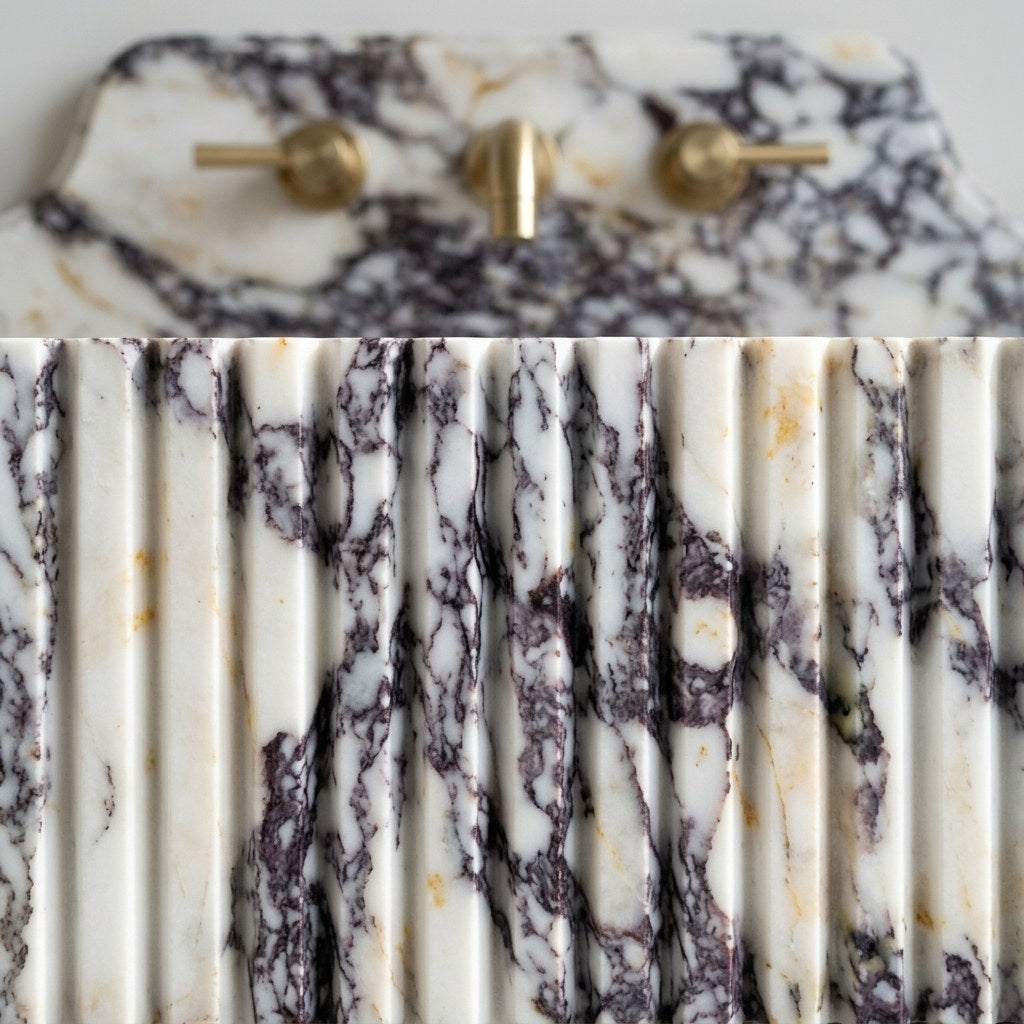 Calacatta Viola Fluted Marble Sink with Backsplash — marble detail — view 3