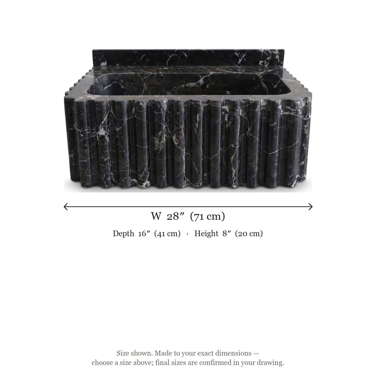 Pietra Notte Fluted Marble Sink with Backsplash — dimensions — view 5
