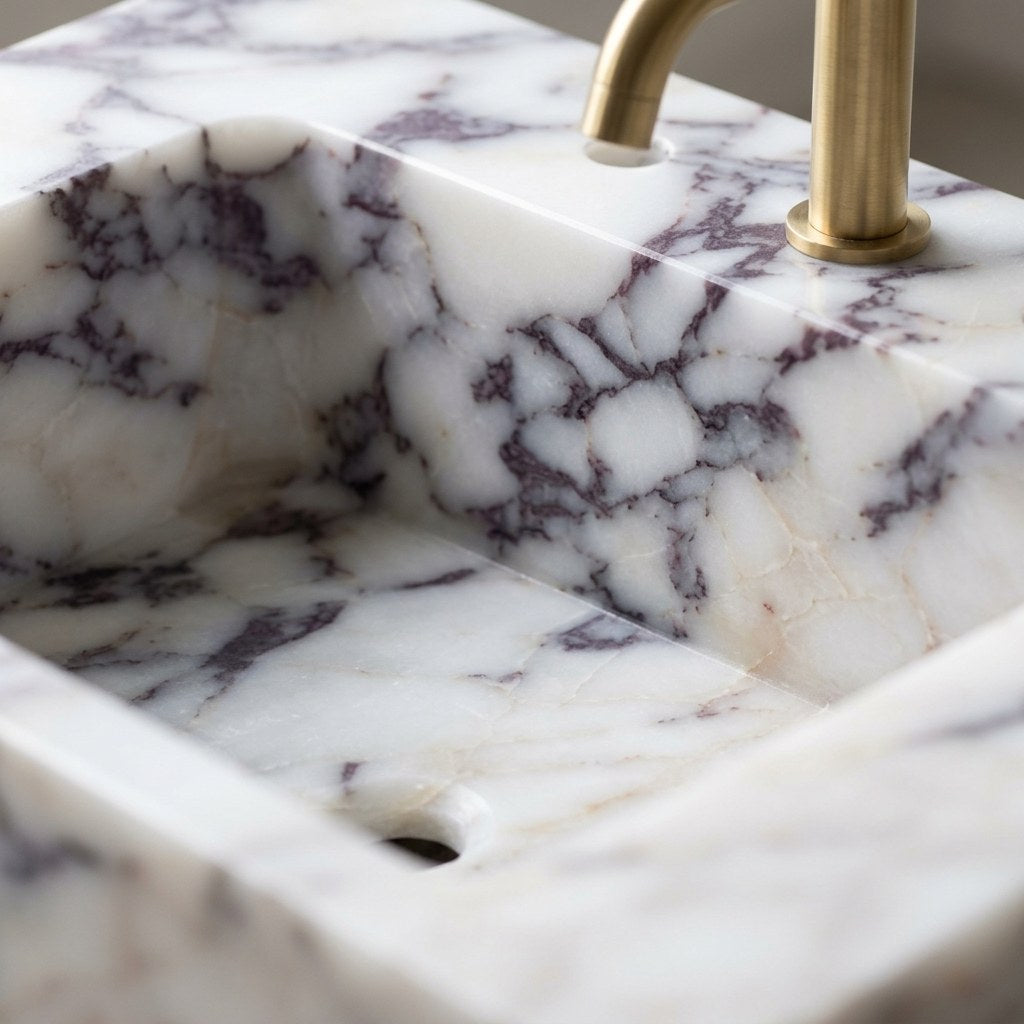 Calacatta Viola Polished Marble Sink with 3 Faucet Holes — marble detail — view 3