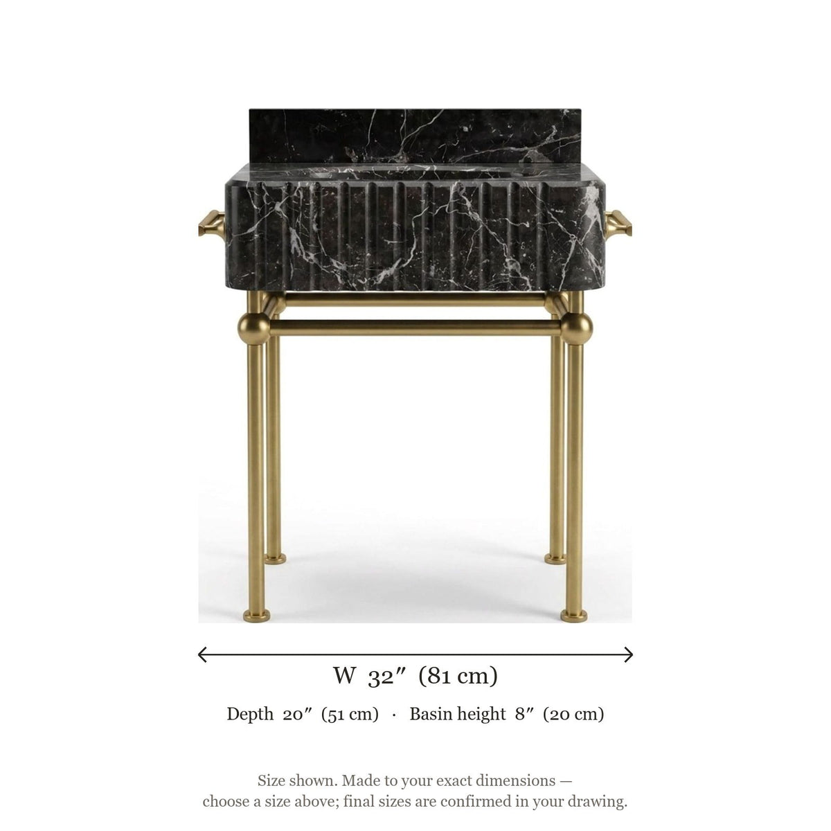 Pietra Notte Fluted Marble Sink with Brass Stand — dimensions — view 5