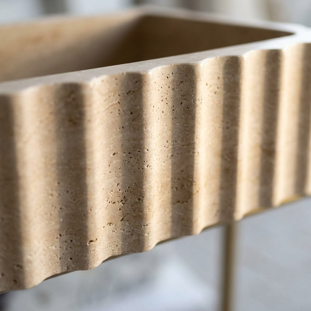 Polished Travertine Fluted Sink with Brass Stand — marble detail — view 3