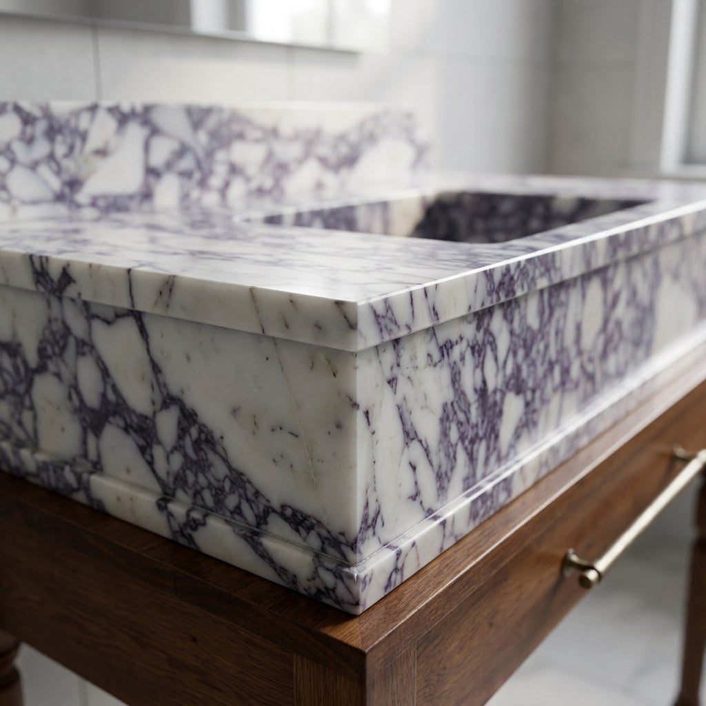 Calacatta Viola Marble Vanity with Backsplash — marble detail — view 2
