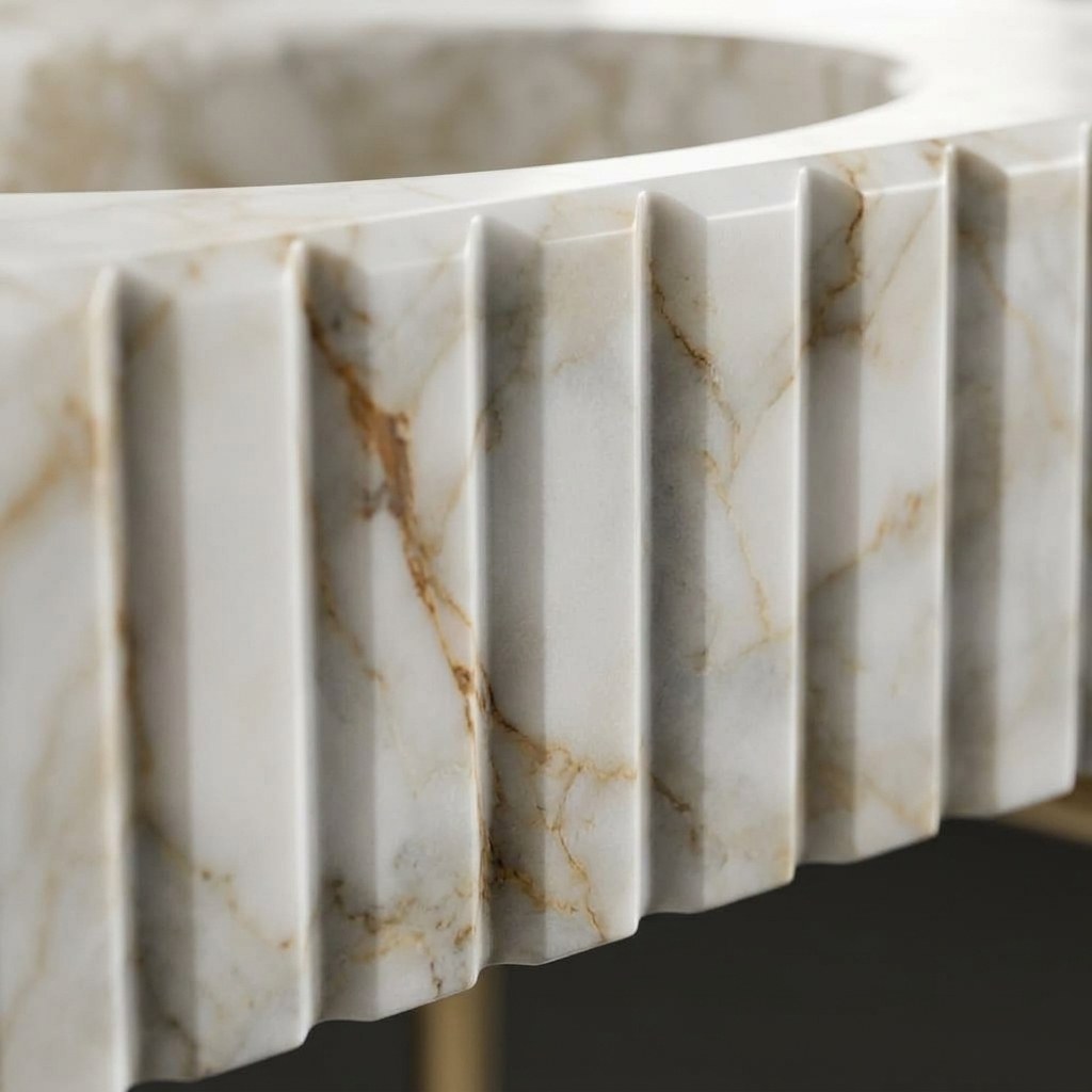 Calacatta Gold Fluted Marble Sink with Brass Stand and Backsplash — marble detail — view 3