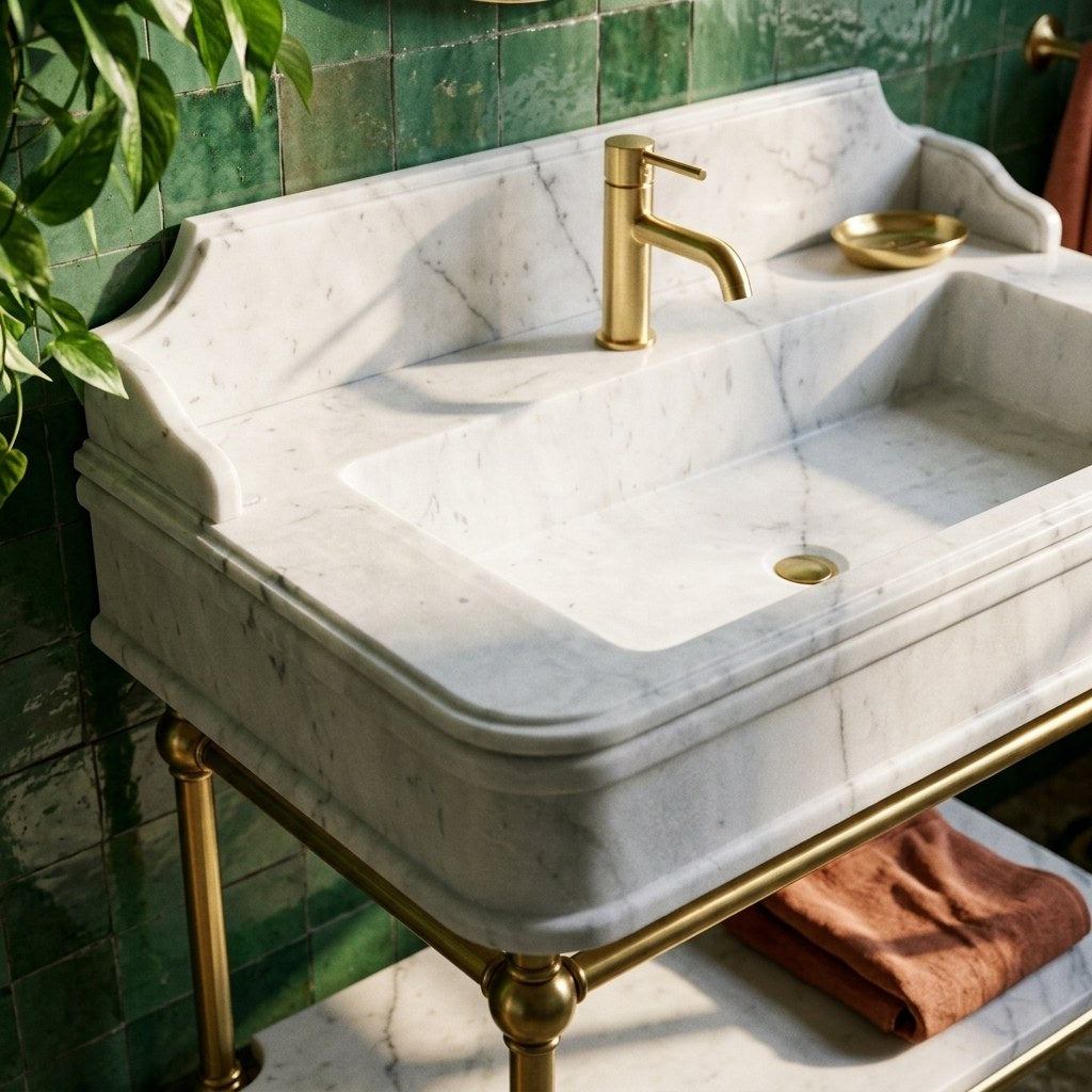 Carrara Marble Sink with Brass Gold Stand and Backsplash — premium — view 2