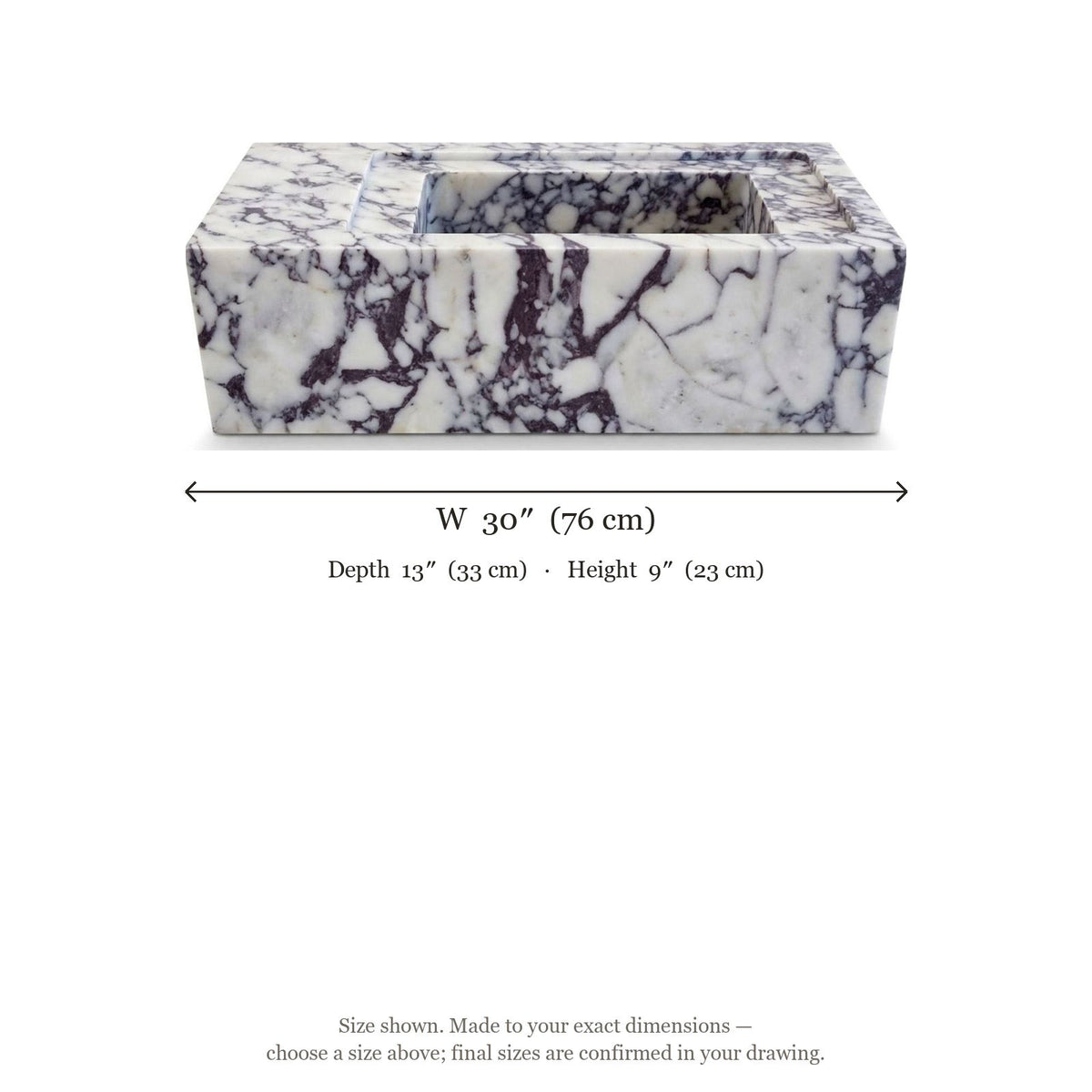 Calacatta Viola Rectangular Honed Marble Vessel Sink — dimensions — view 5
